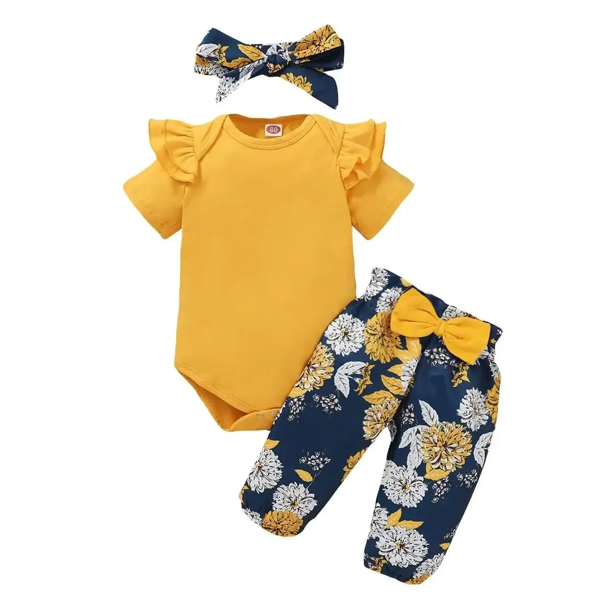 Soft Combed Cotton Material”
“3PCS Coordinated Summer Outfit”
“Floral Pants with Cute Bow”
“Matching Headband Included”
“Comfortable & True to Size”