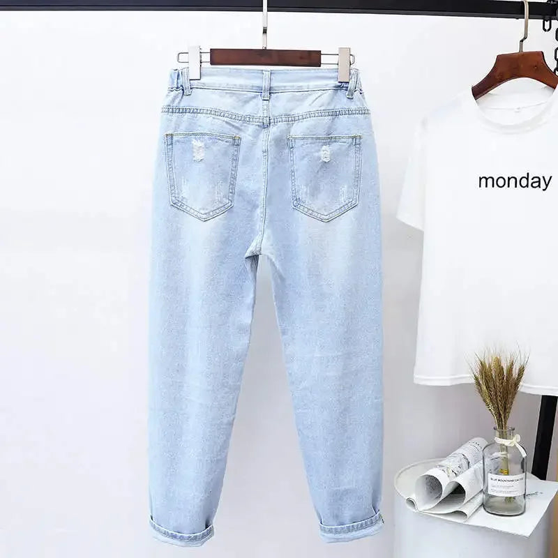 Plus Size Women High Waist Ripped Jeans Casual Loose Denim Pants