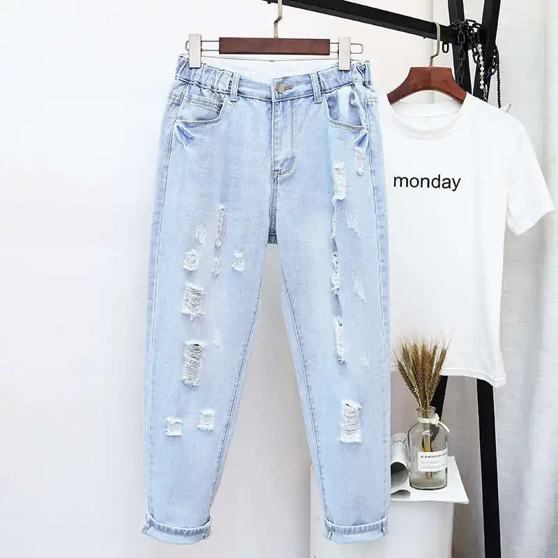 Plus Size Women High Waist Ripped Jeans Casual Loose Denim Pants