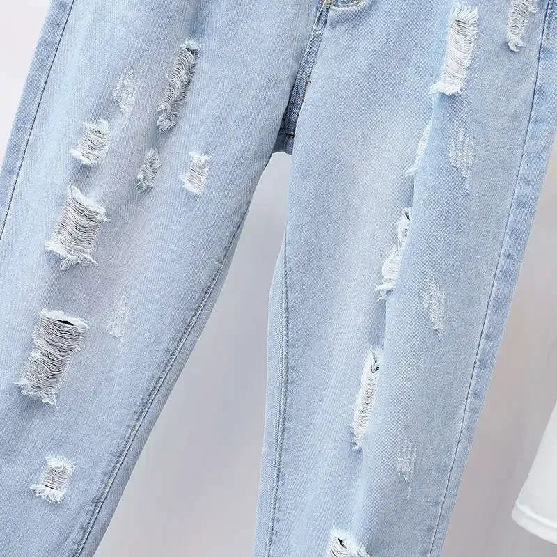 Plus Size Women High Waist Ripped Jeans Casual Loose Denim Pants