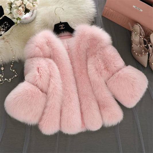 "Luxury Warmth, Cruelty-Free" "Elegant Winter Style" "Available in 3 Stunning Colors" "Soft Faux Fox Fur" "Slim Fit, Timeless Design"
