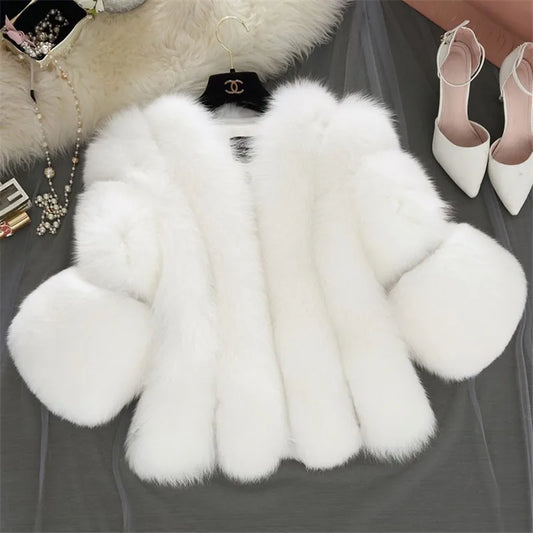 "Luxury Warmth, Cruelty-Free" "Elegant Winter Style" "Available in 3 Stunning Colors" "Soft Faux Fox Fur" "Slim Fit, Timeless Design"
