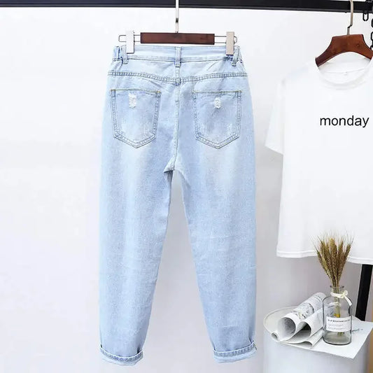 Plus Size Women High Waist Ripped Jeans Casual Loose Denim Pants
