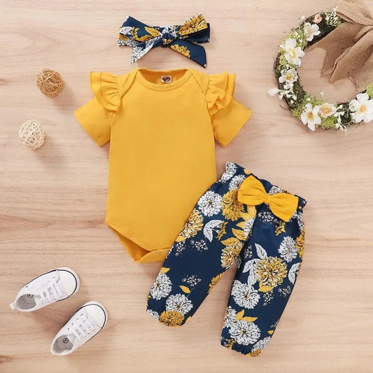 Soft Combed Cotton Material”
“3PCS Coordinated Summer Outfit”
“Floral Pants with Cute Bow”
“Matching Headband Included”
“Comfortable & True to Size”
