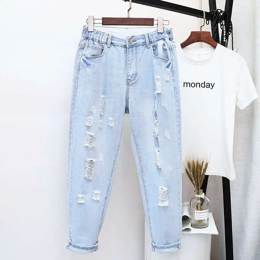 Plus Size Women High Waist Ripped Jeans Casual Loose Denim Pants
